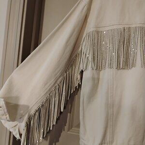 Medium Blue B Collection Cream Denim Fringe Jacket